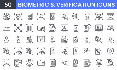 ID, Biometric and Verification vector line icon set. Contains linear outline icons like Fingerprint Check, Person Identification, Passport, Legal Document, Driving License. Editable use and stroke.
