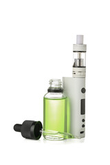Modern vape mod and oil on white background