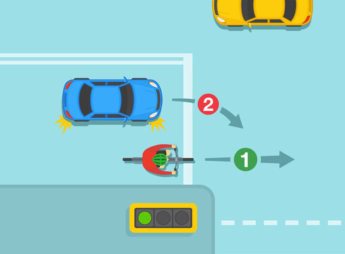 Safe bicycle riding and traffic regulation rules. Giving way to cyclist on the continuing road when turning on crossroads. Flat vector illustration template.