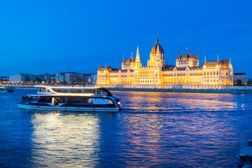 Hungarian parliament, embankment of Danube river, Budapest, Hungary, Europe