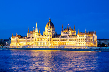 Hungarian parliament, embankment of Danube river, Budapest, Hungary, Europe
