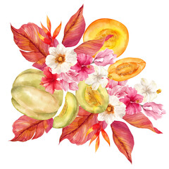 Watercolor tropical composition with exotic flowers and fruits, isolated on white background