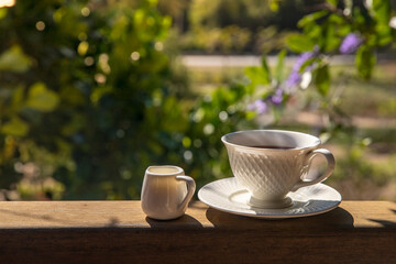 Fototapeta premium Cup with tea on a table over a mountain landscape with sunligh in morningt. Beauty nature background.