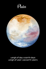 Watercolor planet Pluto isolated on dark black background. Pluto Illustration