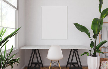 White picture frame mockup on the white wall. White working room design. Artwork poster mock-up. Minimalistics style interior with artwork mockup. 3d rendering, 3d illustration. 