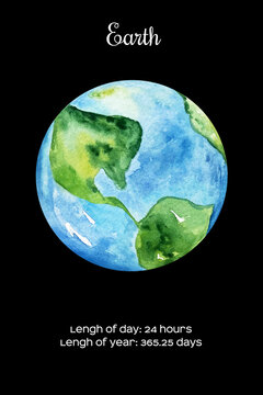 Watercolor planet Earth isolated on dark black background. Earth Illustration