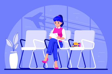 girl waiting in airport illustration background
