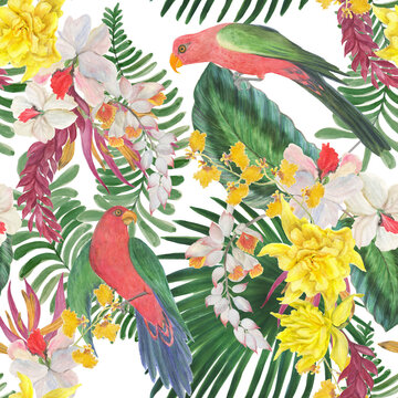 Watercolor painting seamless pattern with tropical leaves , exotic flowers and king parrot
