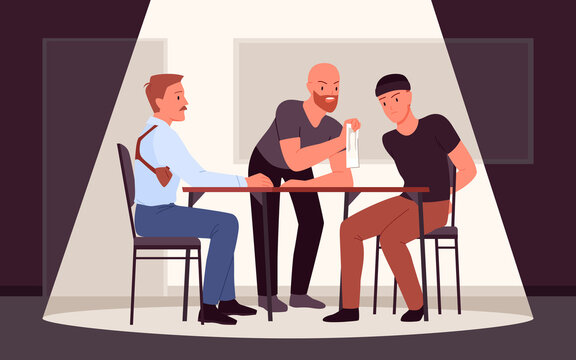 Scene of police interrogation to suspected criminal. Formal questioning arrested person, criminology law, crime investigation process, witnesses and suspects vector illustration