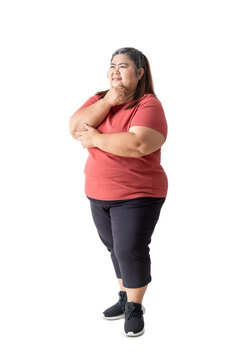 Fat woman asian thinking and looking, isolated white on background