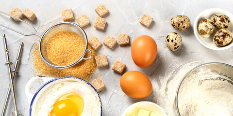 Cooking ingredients on light background.