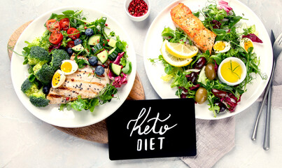 Ketogenic diet meals assortment on light background.