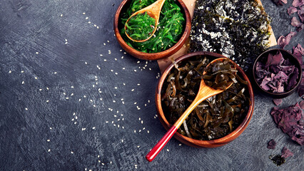 Seaweed assortment on fark background.