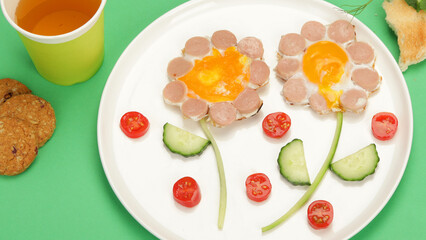 Sunny-side-up eggs with sausage for kids on colourfull background.