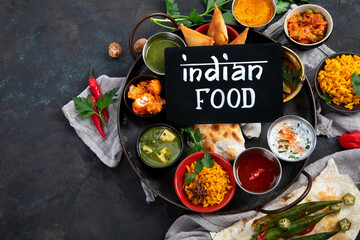 Indian Thali on dark background.