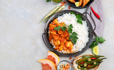 Indian food assortment on light background.
