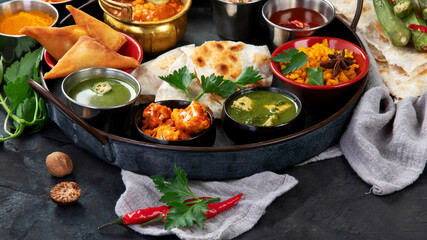 Indian Thali on dark background.