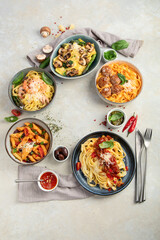 Italian pasta assortment on light background.