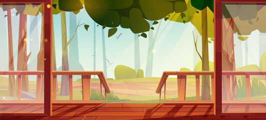 Home terrace with forest view, patio or veranda with wooden floor, porch, glass doors and fence at scenery nature landscape background with trees. Villa, cottage or hotel, Cartoon vector illustration © klyaksun