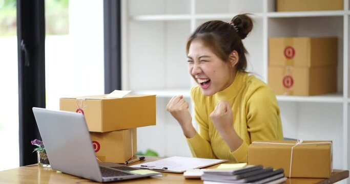 Asian small business owner woman is successful selling online using laptop computer. Happy Asian Business Woman Successful Excited Raised Hands Rejoicing.