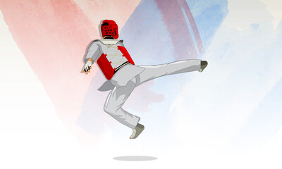 An athlete in a jump makes a kick in the martial arts of taekwondo. Abstract background