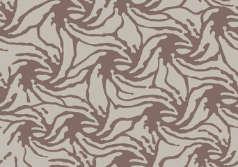 Fototapeta na wymiar Camo texture for army clothing. Vortex funnel, swirling shape camo background. Soldier sand brown and beige twisted grid camouflaging seamless pattern. Military textile for print. Vector wallpaper