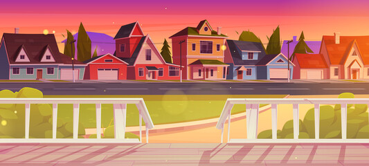 Evening suburban street with cottages view from house terrace with wooden porch and railings. Residential district, countryside area at sunset with cozy homes along road Cartoon 2d vector illustration