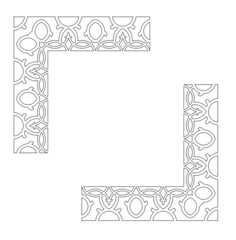 Black and white 2D drawings using CAD based on flora and repetitive patterns. It changes patterns at the corners of the encounter but is continuous. Can be used as a frame for suitable artwork.