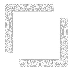Black and white 2D drawings using CAD based on flora and repetitive patterns. It changes patterns at the corners of the encounter but is continuous. Can be used as a frame for suitable artwork.