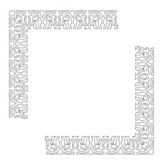 Black and white 2D drawings using CAD based on flora and repetitive patterns. It changes patterns at the corners of the encounter but is continuous. Can be used as a frame for suitable artwork.