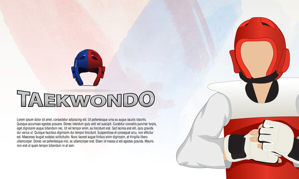 The young taekwondo martial arts athlete is dressed in elements of protective clothing: helmet, gloves, vest.