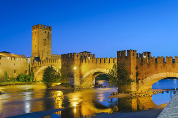 Verona, Italy - Panorama of Castelvecchio Castle, on the banks of the Adige river, in the evening