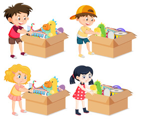 Set of different kids putting their toys in boxes