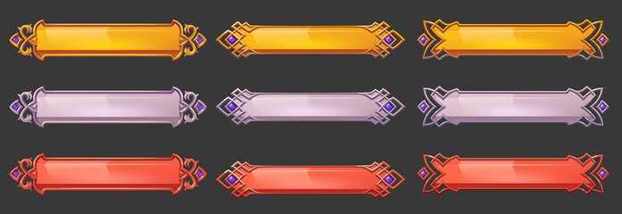 Game buttons with decorative frames in medieval style and purple gemstones. Vector cartoon set of empty gold, silver and red metal bars with fantasy border and gems © klyaksun