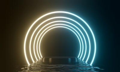 Naklejka premium 3D black podium with circle neon lights.