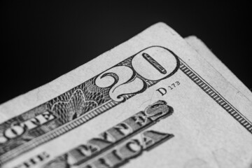 stack of twenty dollars banknotes, close up, front side