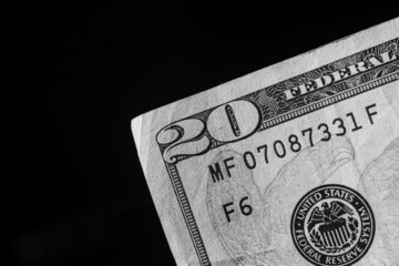 corner of banknote of stack of twenty dollars, close up, front side