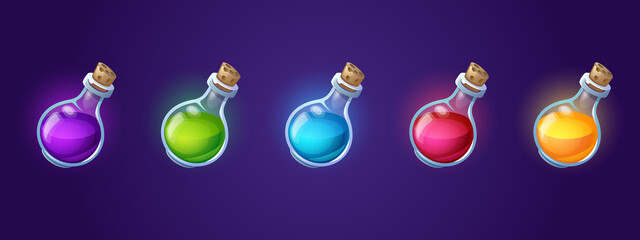 Potion bottles with colorful magic elixir, cartoon glass beakers with glow liquid and corkwood plugs. Witch poison flasks gui or ui game assets, wizard or fairy vials, Vector illustration, icons set - obrazy, fototapety, plakaty