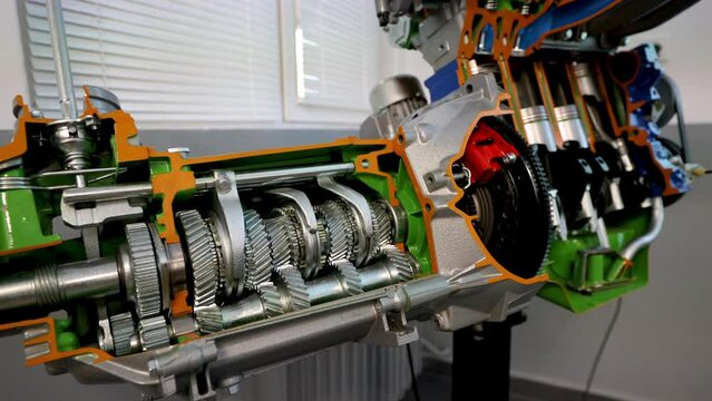 Car engine and transmission cut-through view