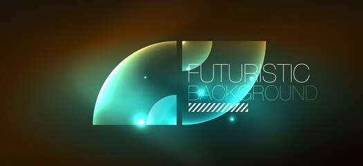 Shiny neon geometric abstract background. Glowing lights on round shapes, triangles and circles. Wallpaper for concept of AI technology, blockchain, communication, 5G, science, business