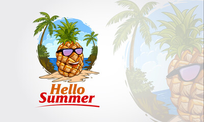Hello Summer Vector Logo Template. Pineapple Fruit illustration is logo suitable for any entertainment business, health, fruits, beverage, vegetables, beach club, restaurants, agencies, design studios