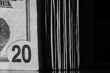 stack of twenty dollars banknotes, close up, front side