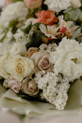 Large, delicate, spring bouquet of flowers. Bouquet details