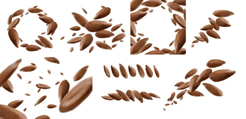 A set of photos. Flax seeds are levitated on a white background