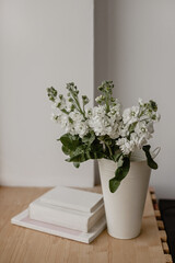 Books, magazines, flowers on the window. Floral interior. White flowers in the interior. Place for text, floral background