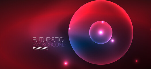 Shiny neon geometric abstract background. Glowing lights on round shapes, triangles and circles. Wallpaper for concept of AI technology, blockchain, communication, 5G, science, business