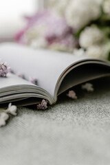 Lilac on a gray magazine. Place for text.