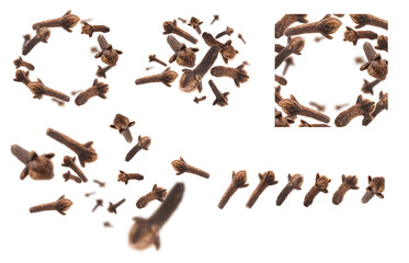 A set of photos. Clove seasoning levitates on a white background
