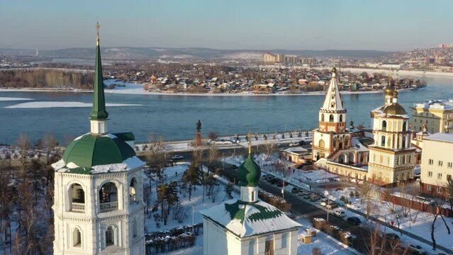 Aerial view of the Spasskaya Church of our saviour, the oldest brick-and-stone edifice in east Siberia, Irkutsk, Russia, 4k