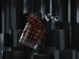 Beauty photo of a splashed glass of whiskey with ice 2